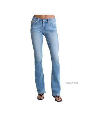 Women's Mid Rise Bootcut Jeans Embroidered Cross Rhinestone Studded Denim